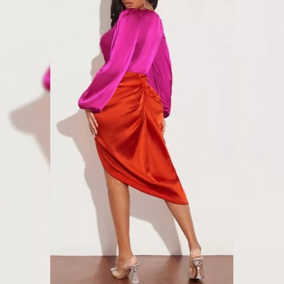 Fuchsia & Orange Satin Colorblock Ruched Midi Dress – Medium - Picture 2 of 2
